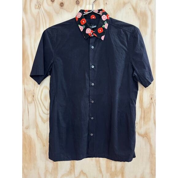 Raf Simons Navy Blue Floral Print Collared Button Down Shirt